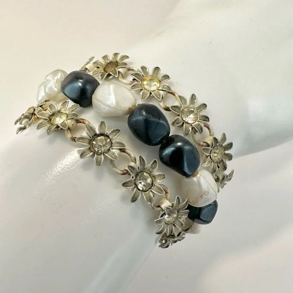 Blue and white vintage floral multi strand bracelet